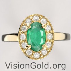 18K Gold Solitaire Ring With 18K Emerald And Brilliant