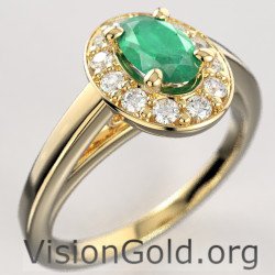 Anillo solitario de oro de 18 quilates con esmeralda de 18 quilates y diamantes brillantes|Visiongold® Emerald Jewelry 1204a