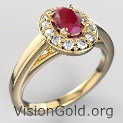 Anillo solitario de oro de 18 quilates con rubí y diamantes brillantes|Visiongold® Ruby Jewelry 1204a