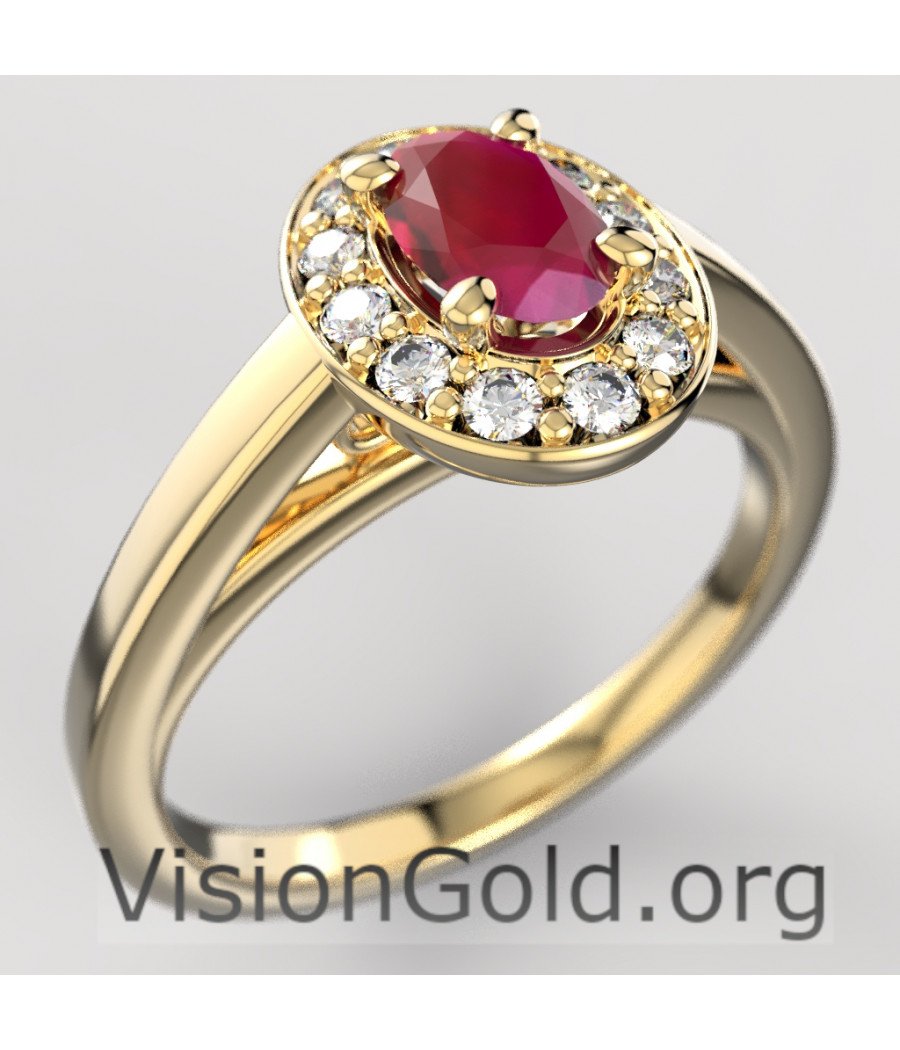 Anillo solitario de oro de 18 quilates con rubí y diamantes brillantes|Visiongold® Ruby Jewelry 1204a