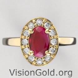 Anillo solitario de oro de 18 quilates con rubí y diamantes brillantes|Visiongold® Ruby Jewelry 1204a