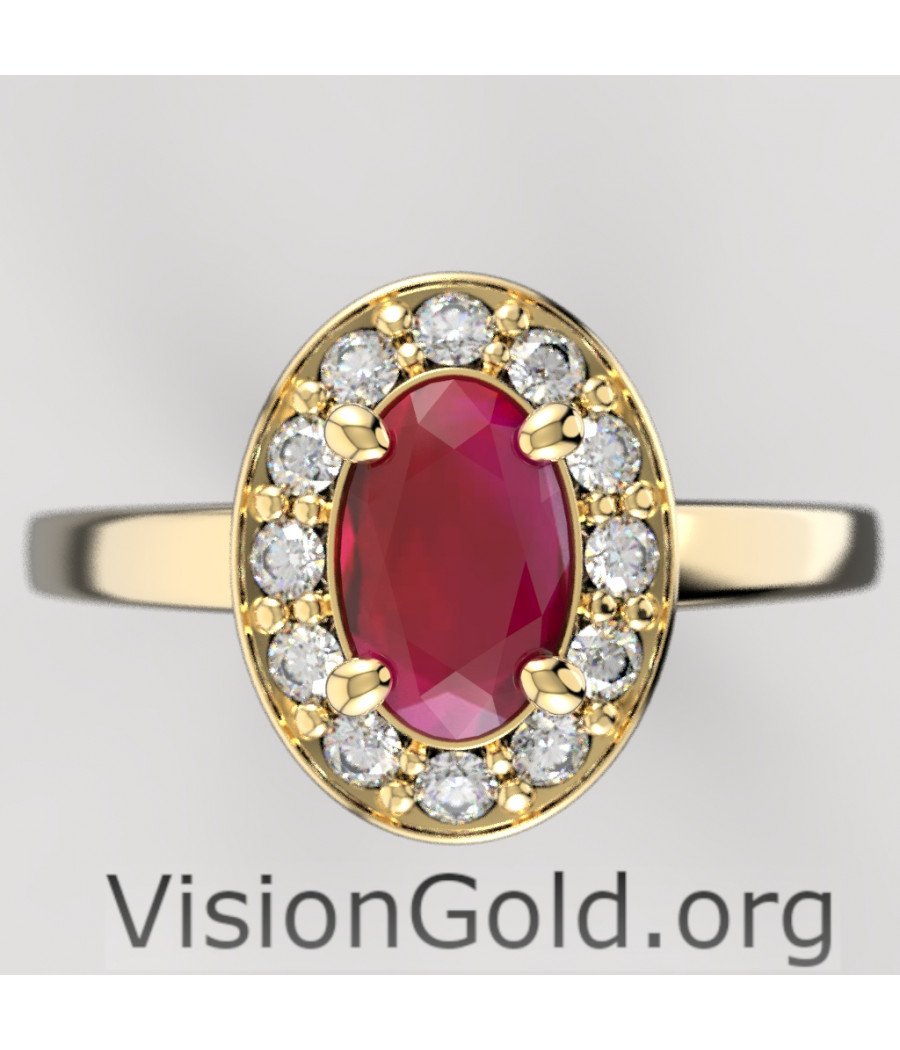 Anillo solitario de oro de 18 quilates con rubí y diamantes brillantes|Visiongold® Ruby Jewelry 1204a