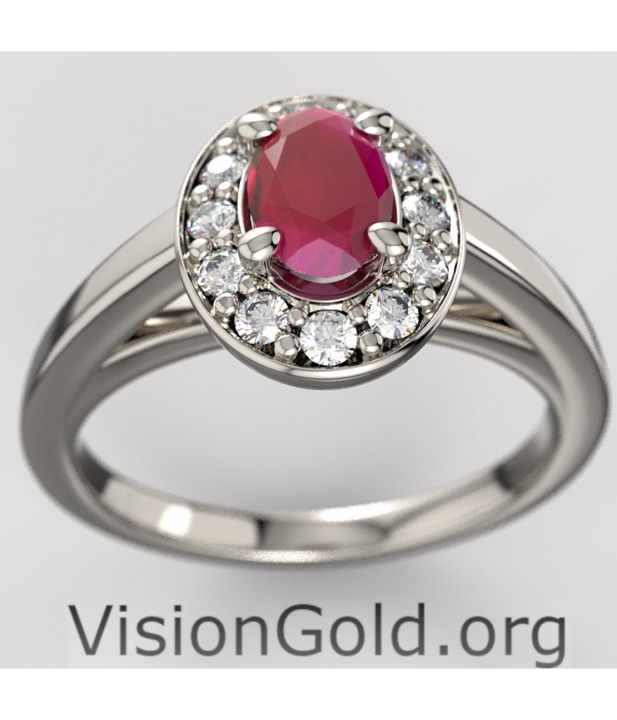 Anillo solitario de oro de 18 quilates con rubí y diamantes brillantes|Visiongold® Ruby Jewelry 1204a