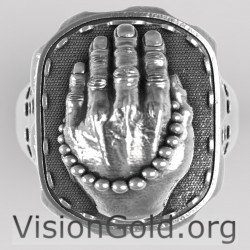 Jewelry Men's Stainless Silver Vintage Praying Hands Ring Black