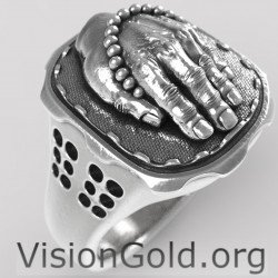 Jewelry Men's Stainless Silver Vintage Praying Hands Ring Black