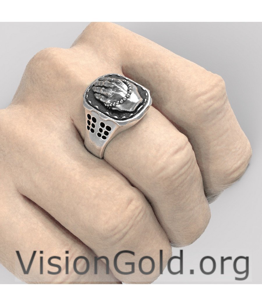 Jewelry Men's Stainless Silver Vintage Praying Hands Ring Black