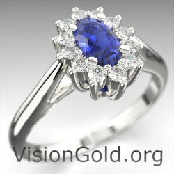 Solitaire Rosette Ring With Sapphire And Brilliant Diamonds|Visiongold® Sapphire Rings 0728