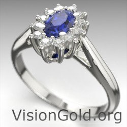 Anillo de rosetón solitario con zafiro y diamantes brillantes|Anillos de zafiro Visiongold® 0728