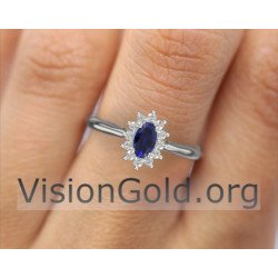 Anillo de rosetón solitario con zafiro y diamantes brillantes|Anillos de zafiro Visiongold® 0728