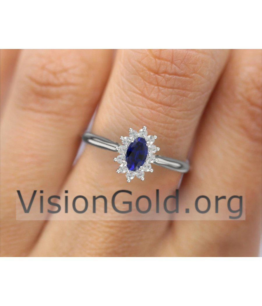 Anillo de rosetón solitario con zafiro y diamantes brillantes|Anillos de zafiro Visiongold® 0728