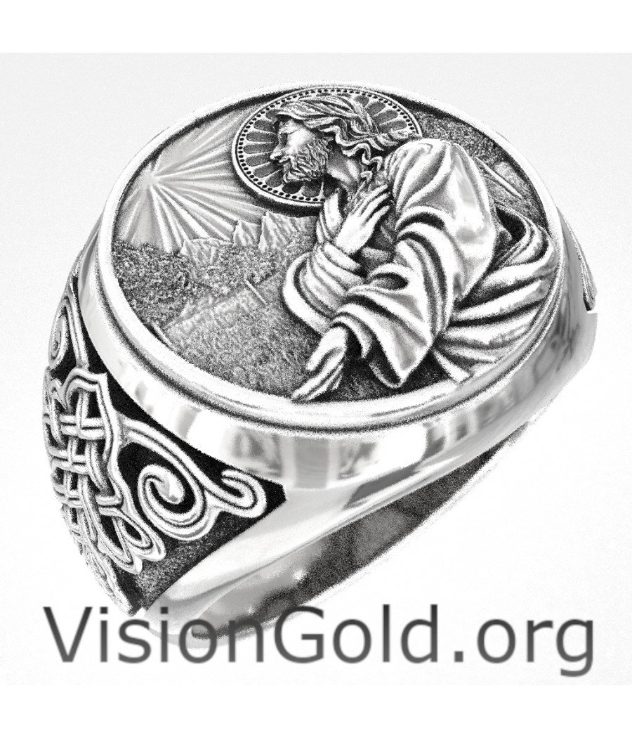 Mens Jesus Silver Ring, Savior Jesus Signet Ring, Religious