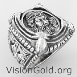 Bague Signet Jésus en argent pour homme 0659