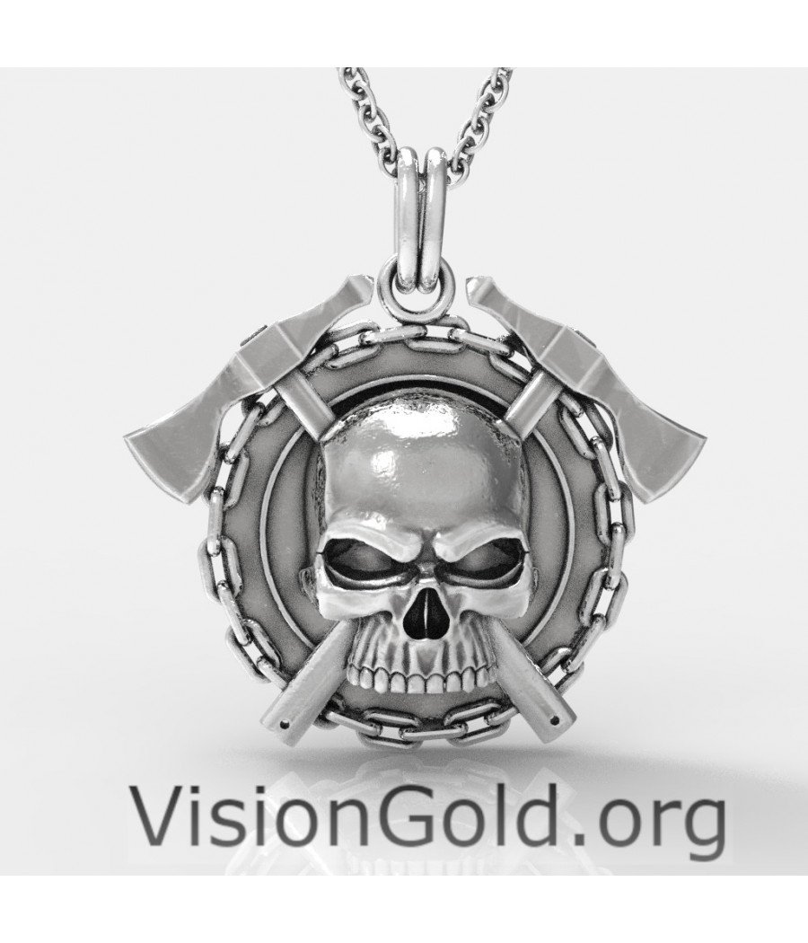 Χειροποίητο Ασημένιο Ανδρικό Κολιέ Νεκροκεφαλή 0168