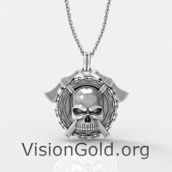 Χειροποίητο Ασημένιο Ανδρικό Κολιέ Νεκροκεφαλή 0168