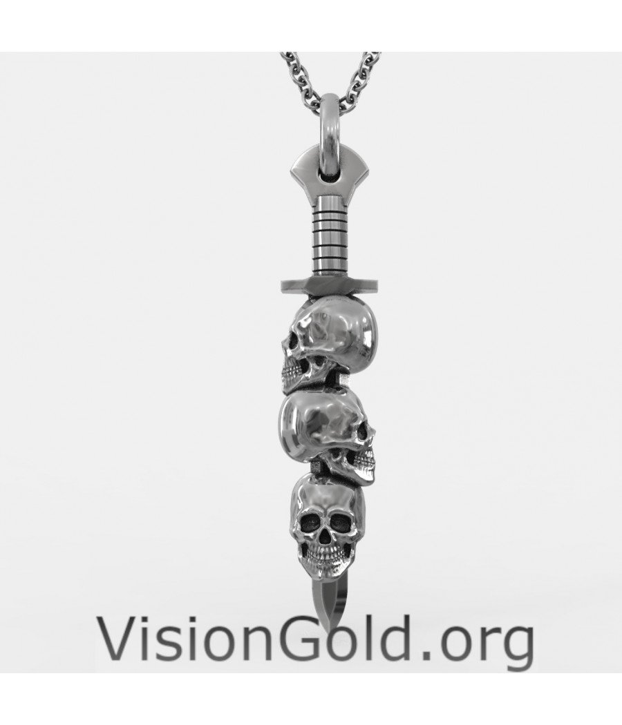 Χειροποίητο Ασημένιο Κολιέ Νεκροκεφαλή Σπαθί 0200