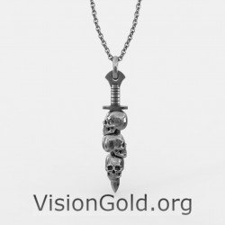 Χειροποίητο Ασημένιο Κολιέ Νεκροκεφαλή Σπαθί 0200