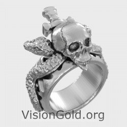 Мужское кольцо в готическом стиле с черепом, змеей и мечом 0667