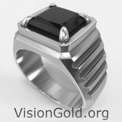 Anillo Moda Hombre Plata Con Piedra Negra-Anillos Hombre Visiongold® 0670