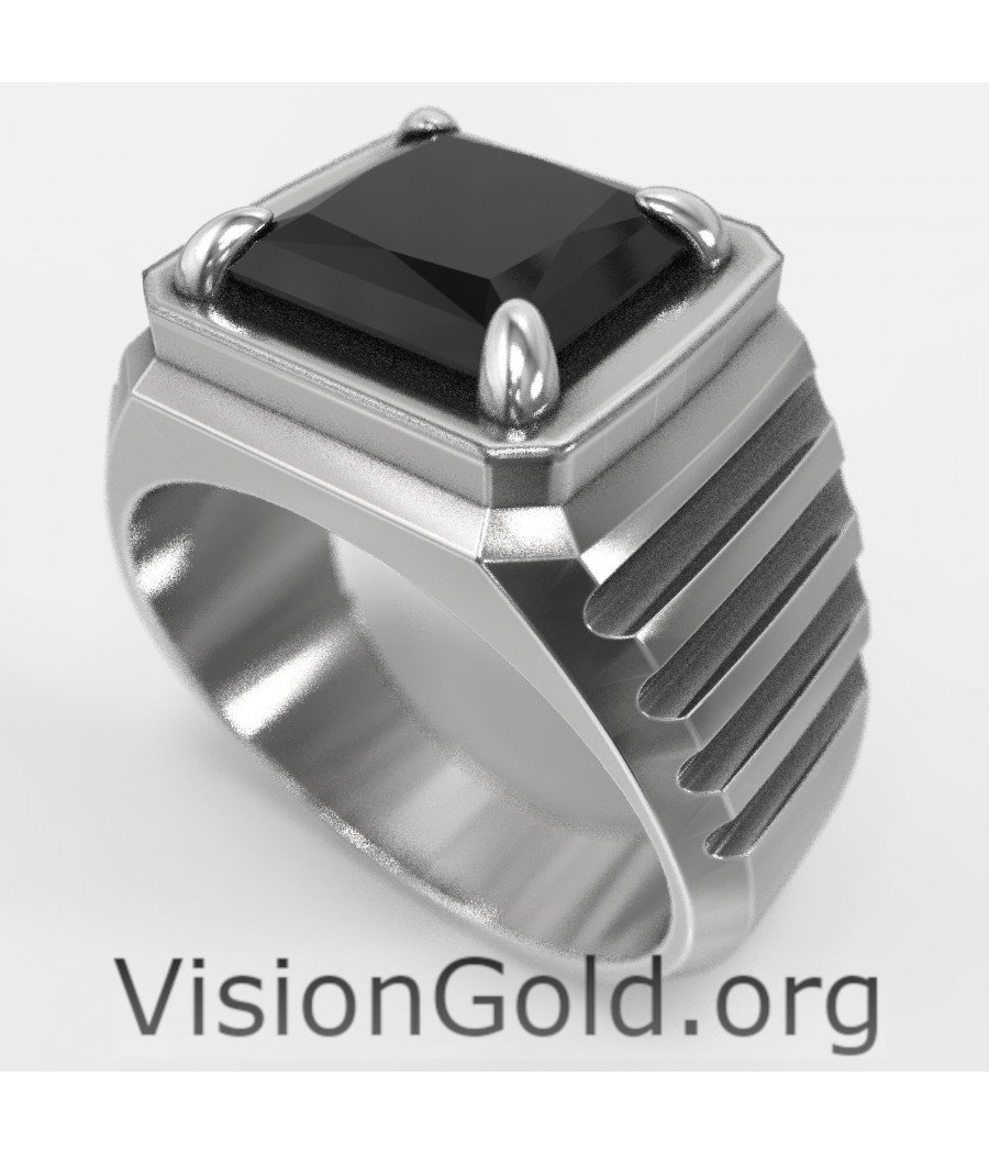 Anillo Moda Hombre Plata Con Piedra Negra-Anillos Hombre Visiongold® 0670