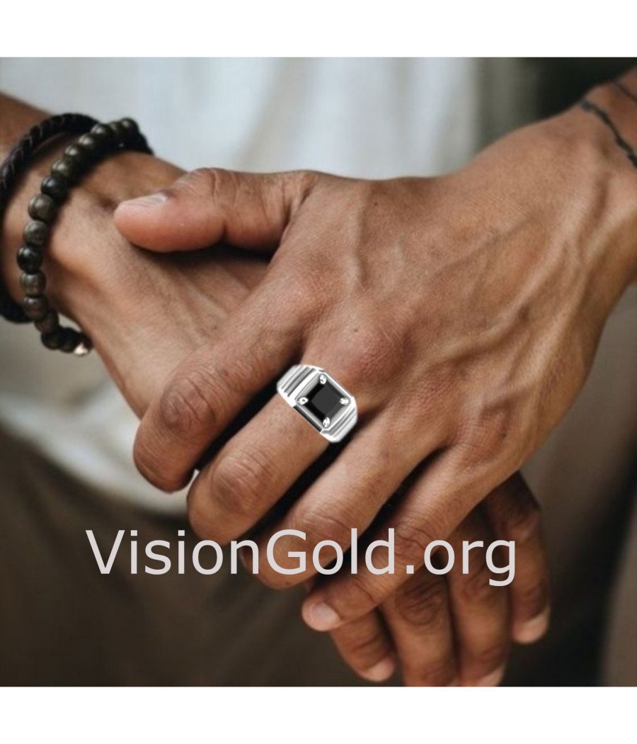 Anillo Moda Hombre Plata Con Piedra Negra-Anillos Hombre Visiongold® 0670