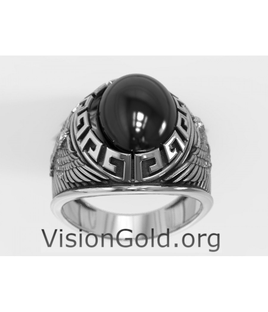 Anillo de plata hecho a mano para hombre con piedra negra ovalada grande - Anillos de hombre Visiongold® 0674