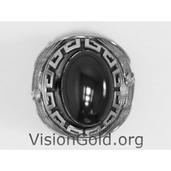 Anillo de plata hecho a mano para hombre con piedra negra ovalada grande - Anillos de hombre Visiongold® 0674