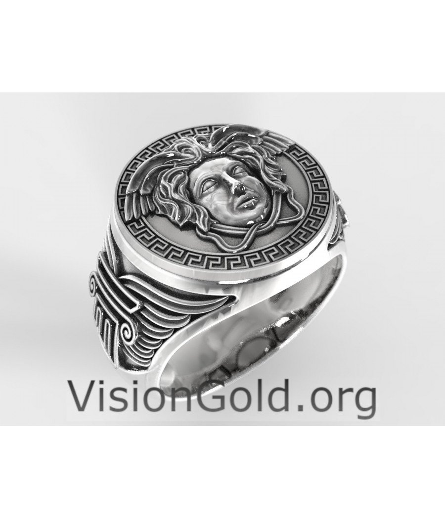 Gorgon Medusa Anillo motero de plata hecho a mano 0676