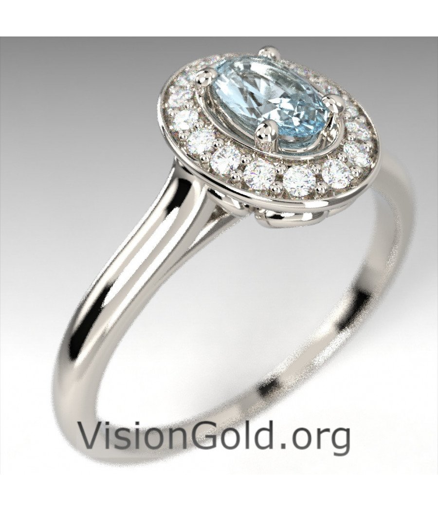 Premium Einstein-Ring mit ovalem Aquamarin und Diamanten im