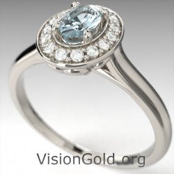 Anillo de diamante brillante y aguamarina ovalada de piedra única premium en oro de 18 quilates para propuesta de boda 1258