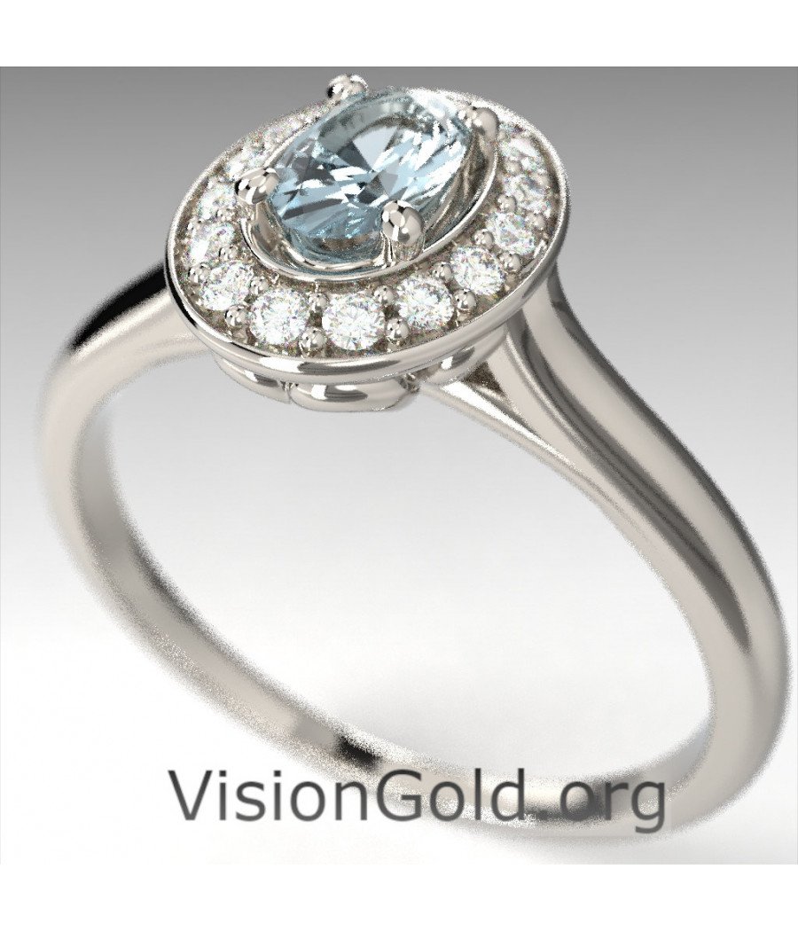 Premium Einstein-Ring mit ovalem Aquamarin und Diamanten im