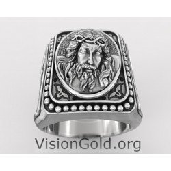 Silber Handmade Herrenring Jesus mit Schnitzereien - Ring Jesus