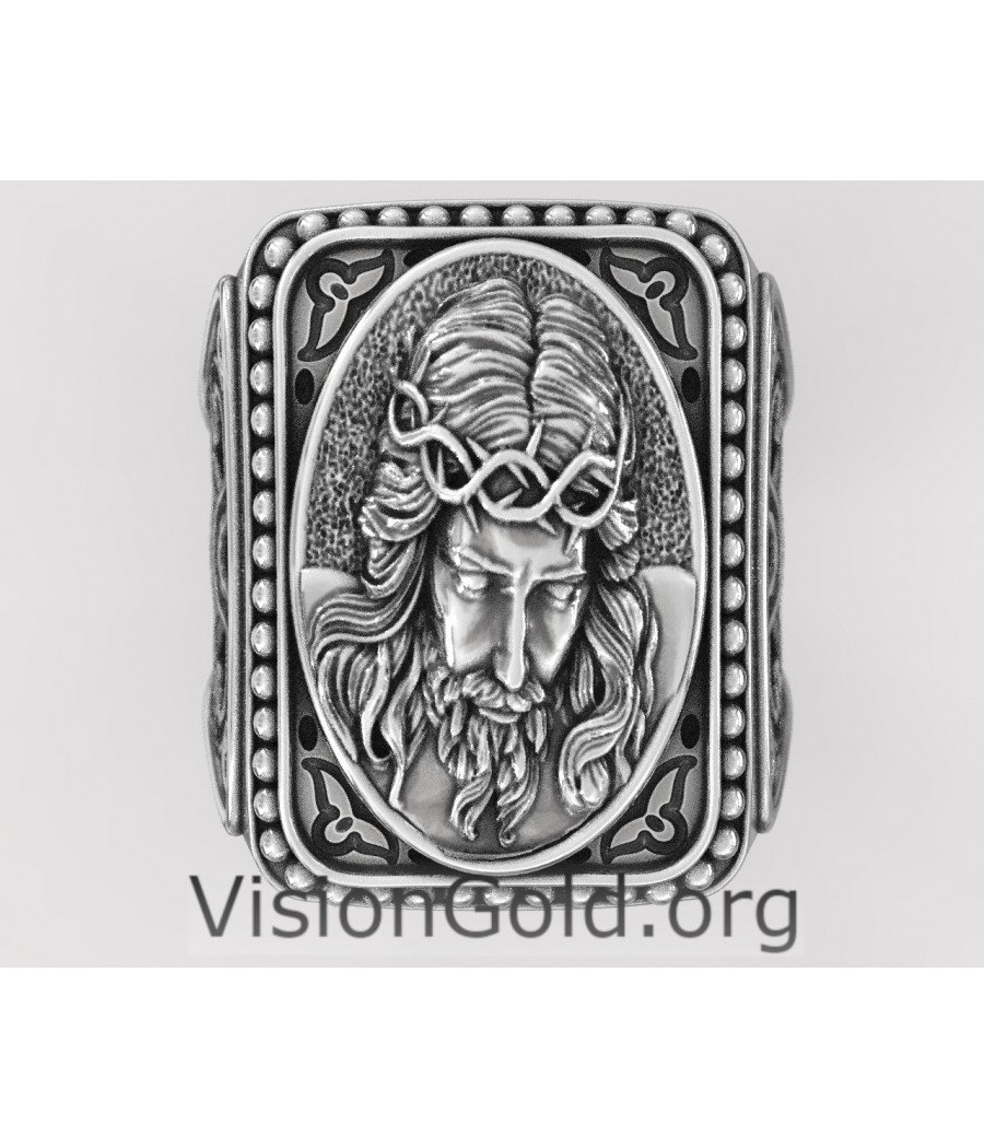 Silber Handmade Herrenring Jesus mit Schnitzereien - Ring Jesus