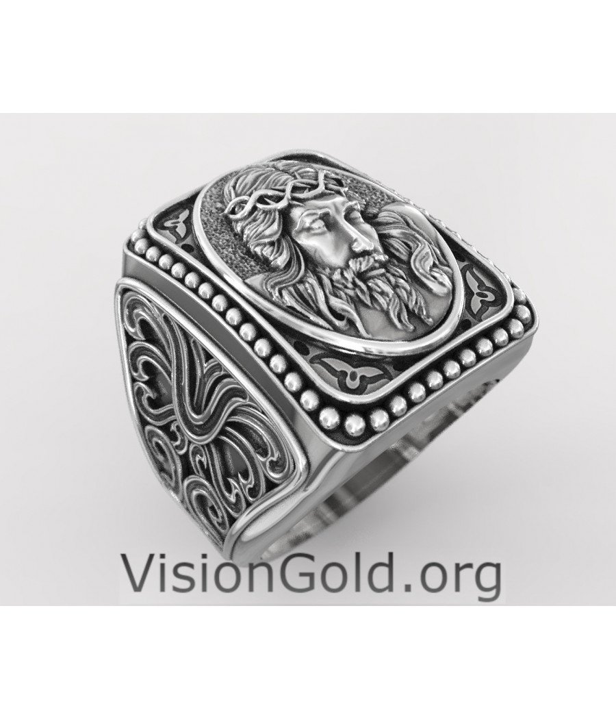 Jesus Cross Mens Ring, Silver Savior Jesus Ring, Christian