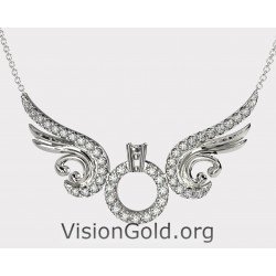 Sterling Silver Angel Wing Solitaire Heart Necklace, Solitaire