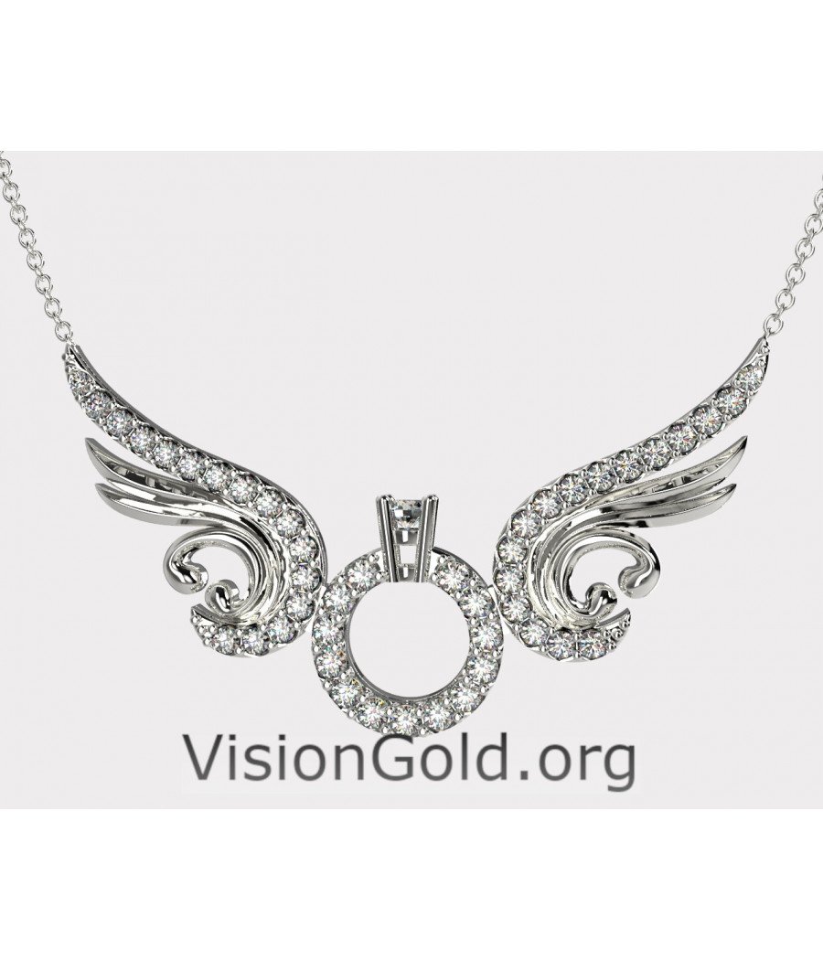 Sterling Silver Angel Wing Solitaire Heart Necklace, Solitaire