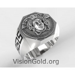 Серебряное кольцо с меандром и медузой, древнегреческие кольца, кольца с меандром 0697