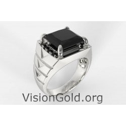 Anillo de plata de moda para hombre con piedra negra cuadrada - Anillos para hombre con piedra negra 0503