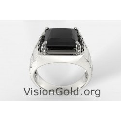 Anillo de plata de moda para hombre con piedra negra cuadrada - Anillos para hombre con piedra negra 0503