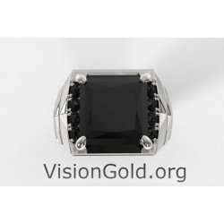 Anillo de plata de moda para hombre con piedra negra cuadrada - Anillos para hombre con piedra negra 0503