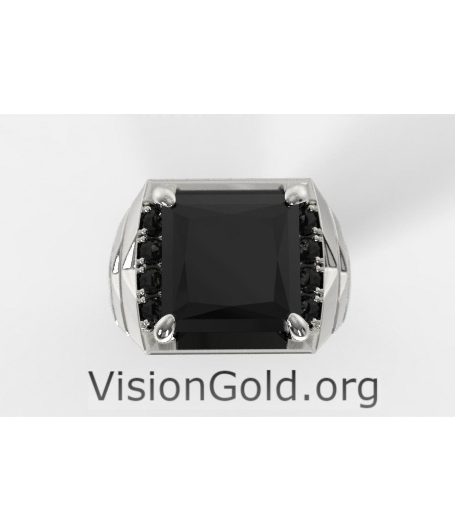 Anillo de plata de moda para hombre con piedra negra cuadrada - Anillos para hombre con piedra negra 0503