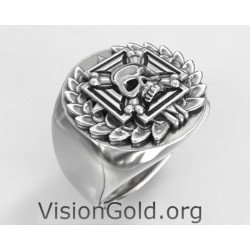 Серебряное кольцо-печатка шевалье с черепом и крестом 0699