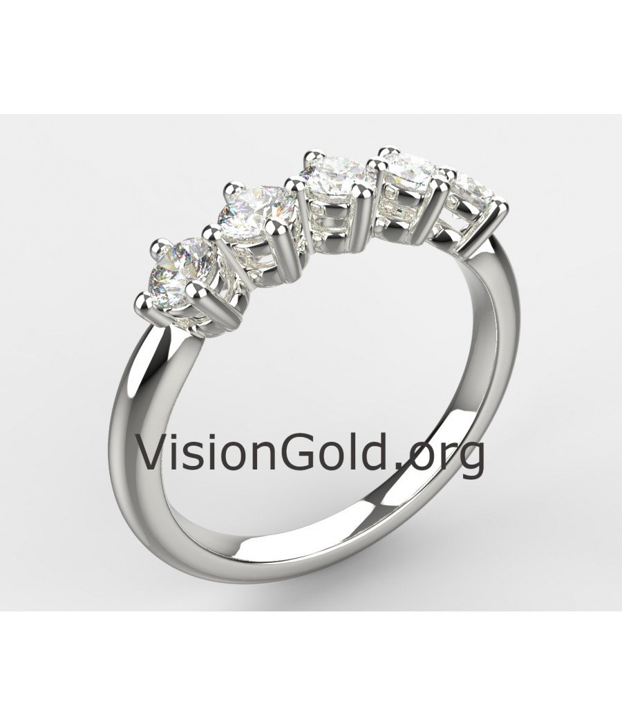 Πεντάπετρο Λευκόχρυσο Σειρέ Δαχτυλίδι Σε 14 Καράτια -